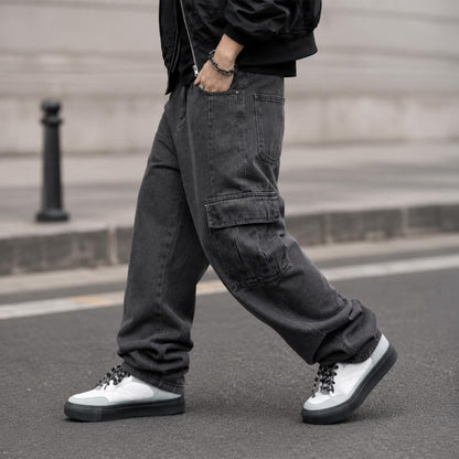 Men's Washed Black Cargo Jeans Baggy Fit Wide Leg Streetwear Denim