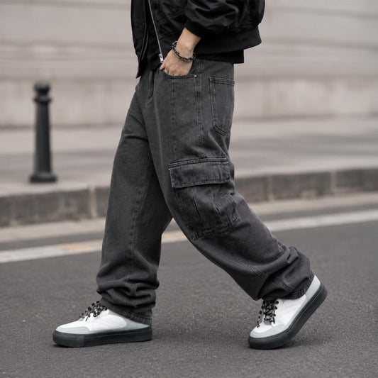 Men's Washed Black Cargo Jeans Baggy Fit Wide Leg Streetwear Denim