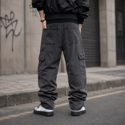 Men's Washed Black Cargo Jeans Baggy Fit Wide Leg Streetwear Denim