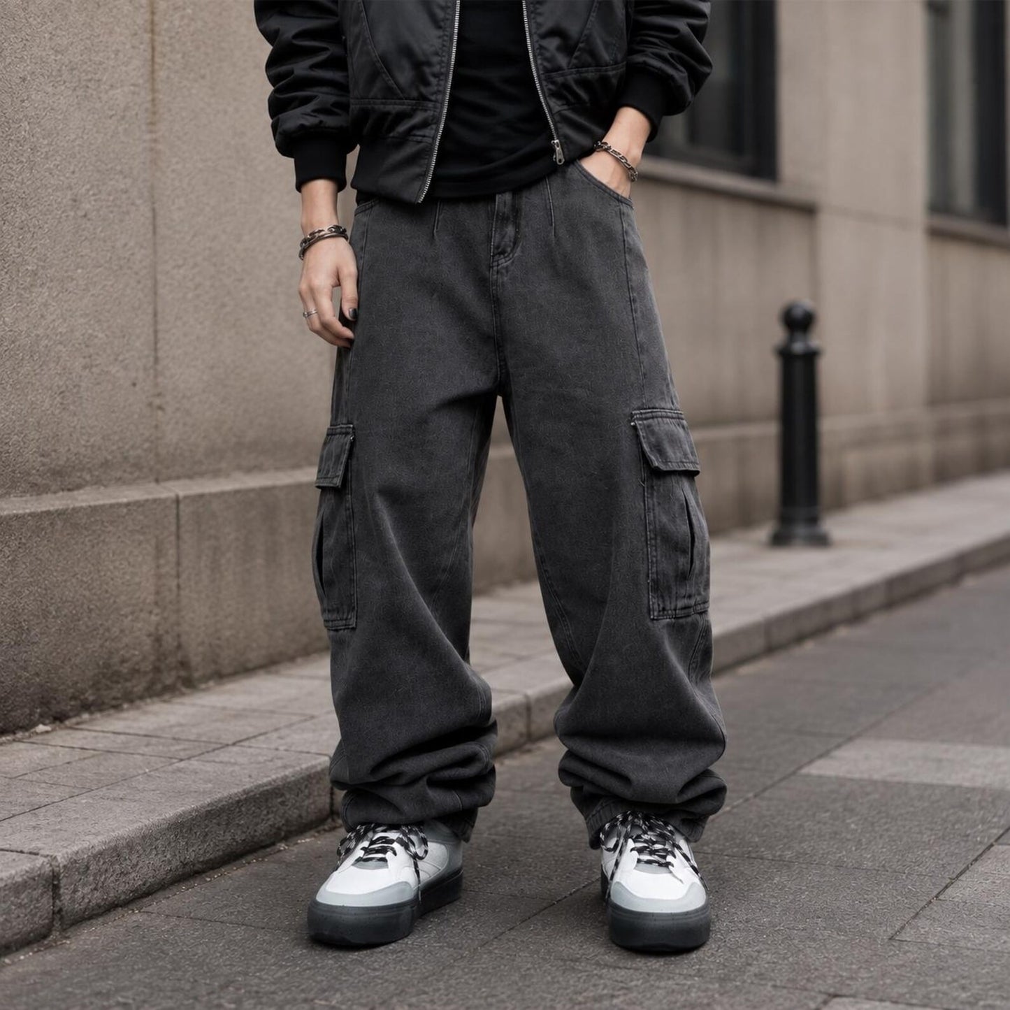 Men's Washed Black Cargo Jeans Baggy Fit Wide Leg Streetwear Denim