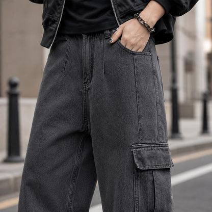 Men's Washed Black Cargo Jeans Baggy Fit Wide Leg Streetwear Denim