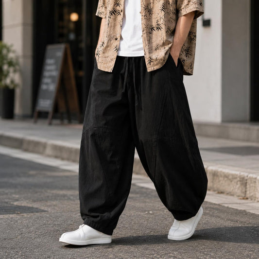 Men's Wide Leg Pants Drawstring Waist Relaxed Fit Casual Trousers