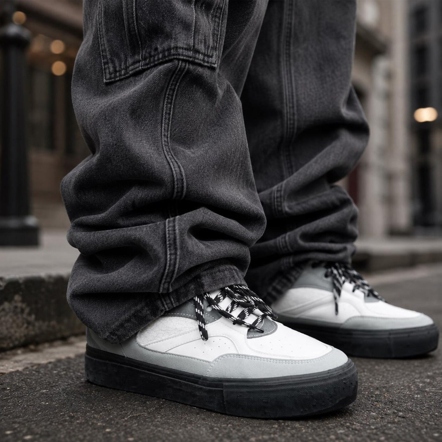 Men's Washed Black Cargo Jeans Baggy Fit Wide Leg Streetwear Denim
