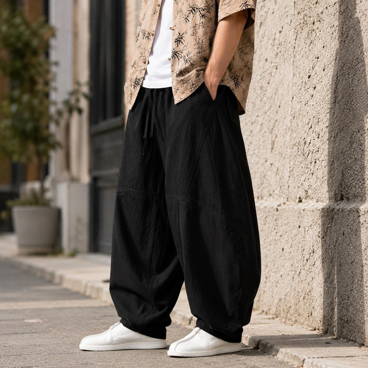 Men's Wide Leg Pants Drawstring Waist Relaxed Fit Casual Trousers