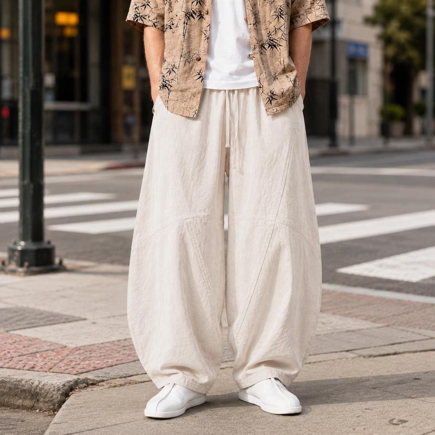 Men's Wide Leg Pants Drawstring Waist Relaxed Fit Casual Trousers