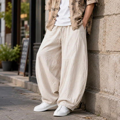Men's Wide Leg Pants Drawstring Waist Relaxed Fit Casual Trousers
