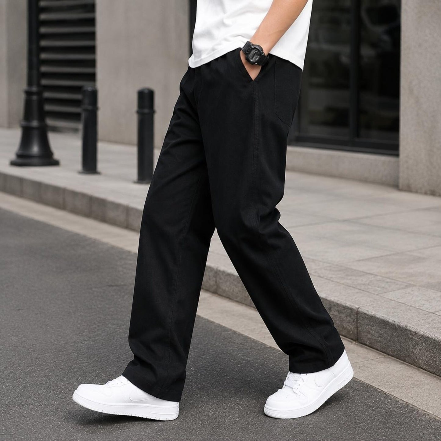 Men's Khaki Casual Pants Relaxed Straight Leg Elastic Waist Trousers
