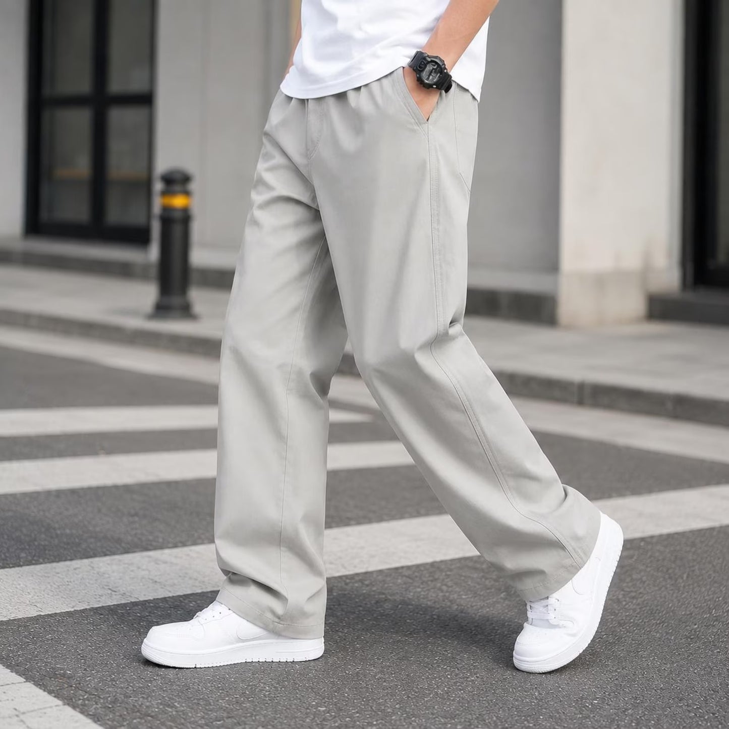 Men's Khaki Casual Pants Relaxed Straight Leg Elastic Waist Trousers