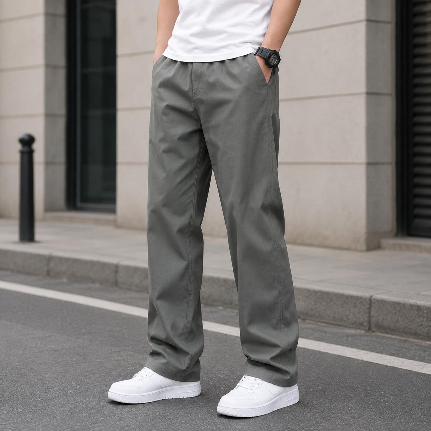 Men's Khaki Casual Pants Relaxed Straight Leg Elastic Waist Trousers