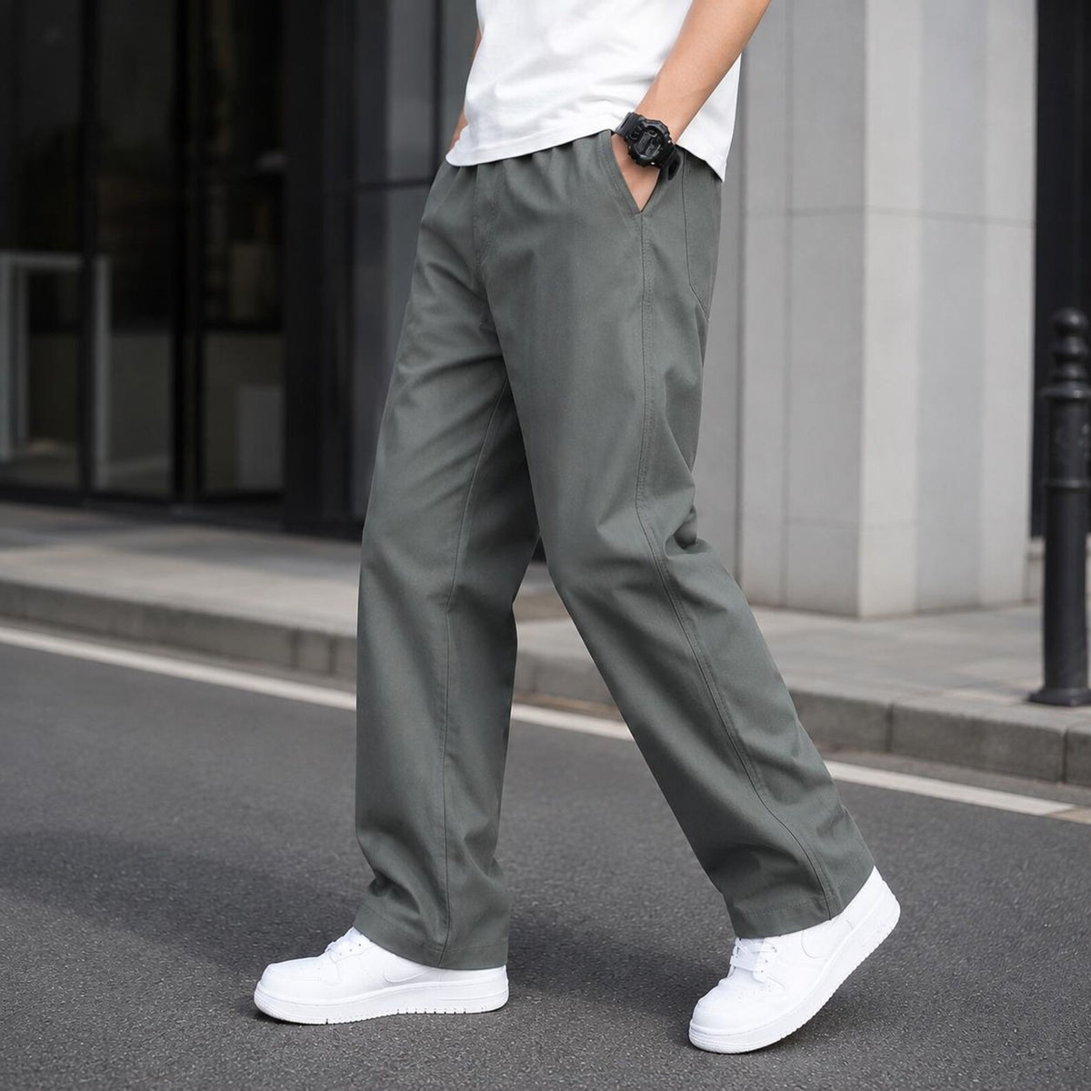 Men's Khaki Casual Pants Relaxed Straight Leg Elastic Waist Trousers