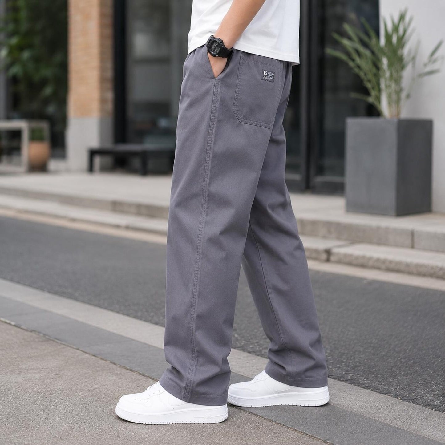 Men's Khaki Casual Pants Relaxed Straight Leg Elastic Waist Trousers